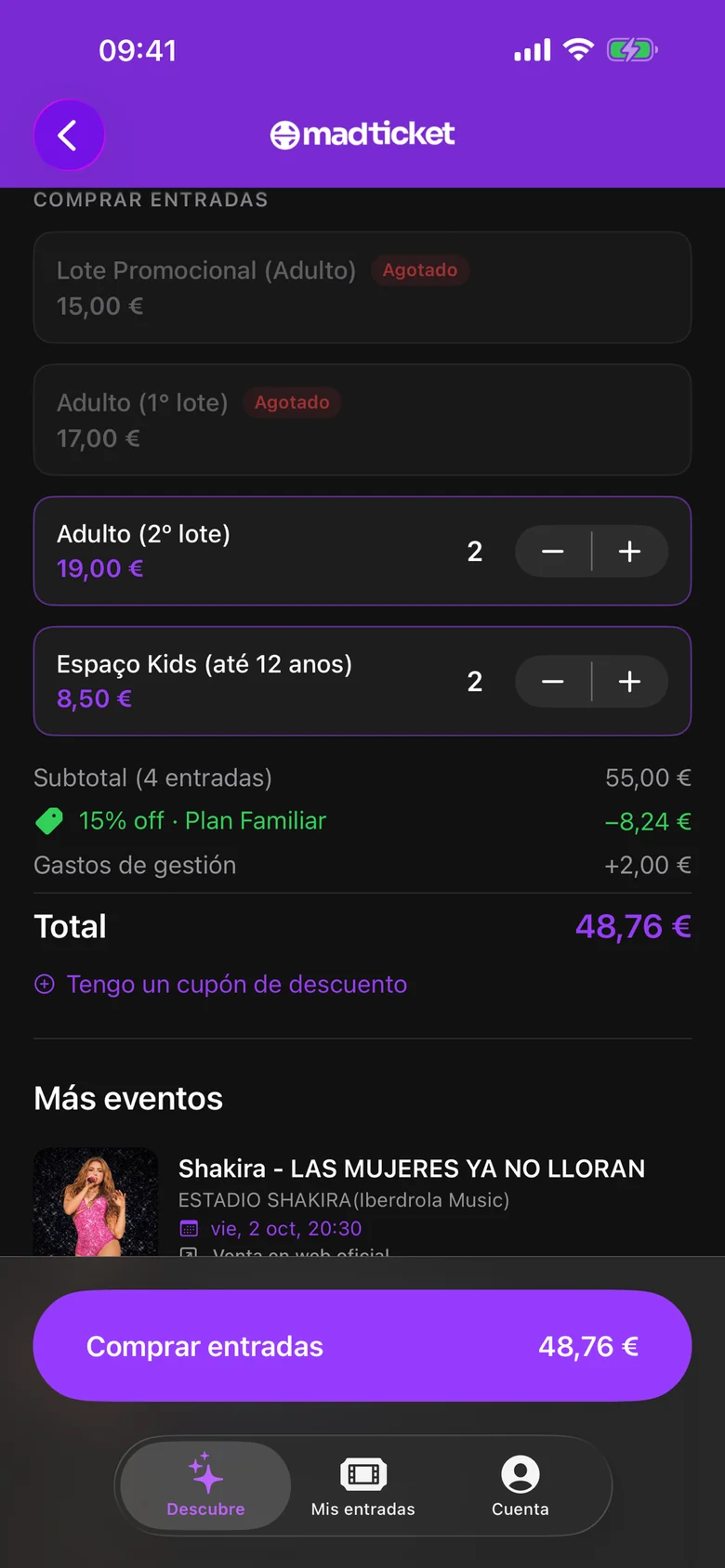 MadTicket app: ticket selection with an automatic 15% combo discount and order total