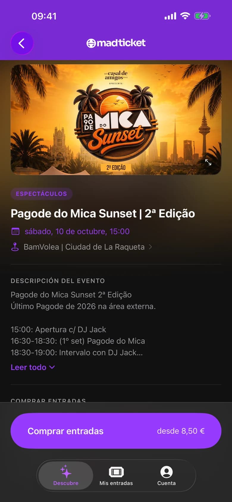 MadTicket app: event page with date, venue, description and buy button