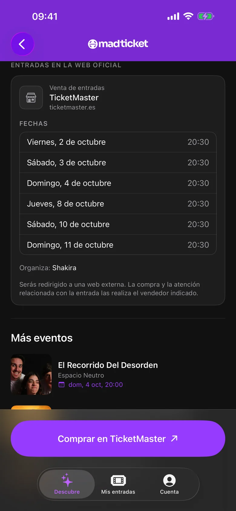 MadTicket app: event sold on an external platform, listing dates and a link to the official ticket site