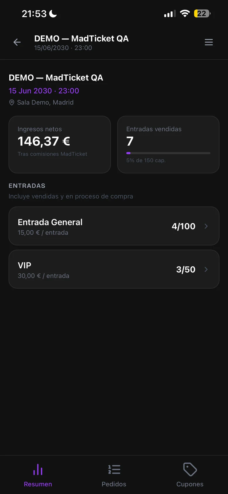 MadTicket Backoffice: demo event summary with net revenue, tickets sold and sales by ticket type