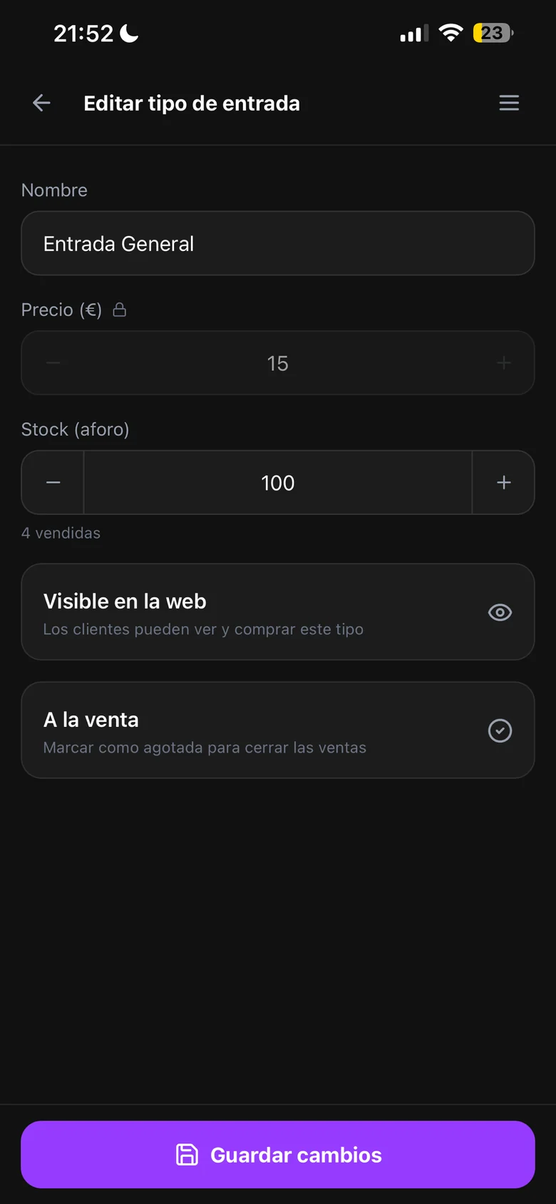 MadTicket Backoffice: editing a ticket type with price, stock, web visibility and on-sale toggle