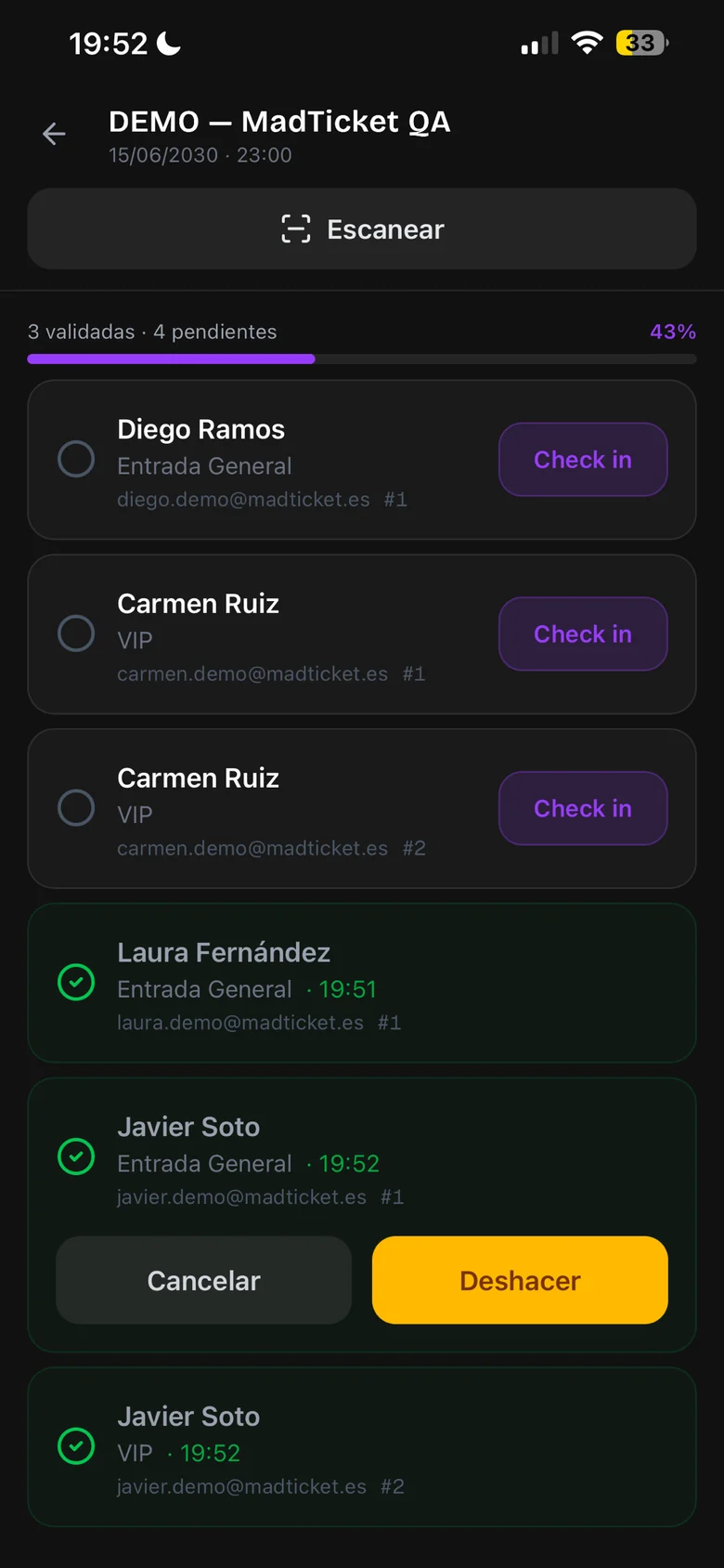 MadTicket Scan: attendee list for a demo event with check-in progress and validated tickets