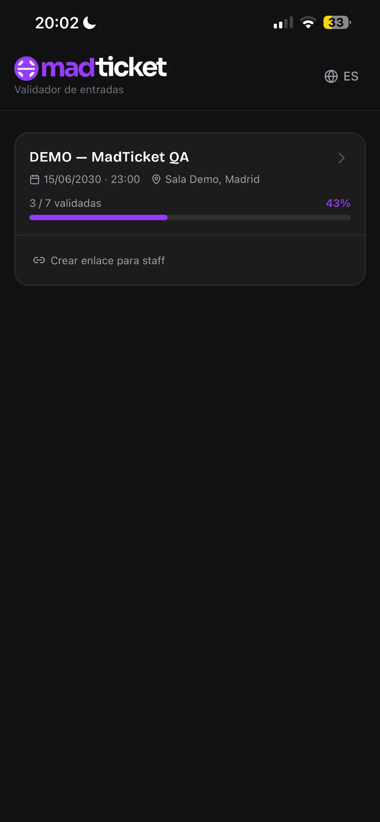 MadTicket Scan: event selection with validated ticket count and a link to create a staff access link