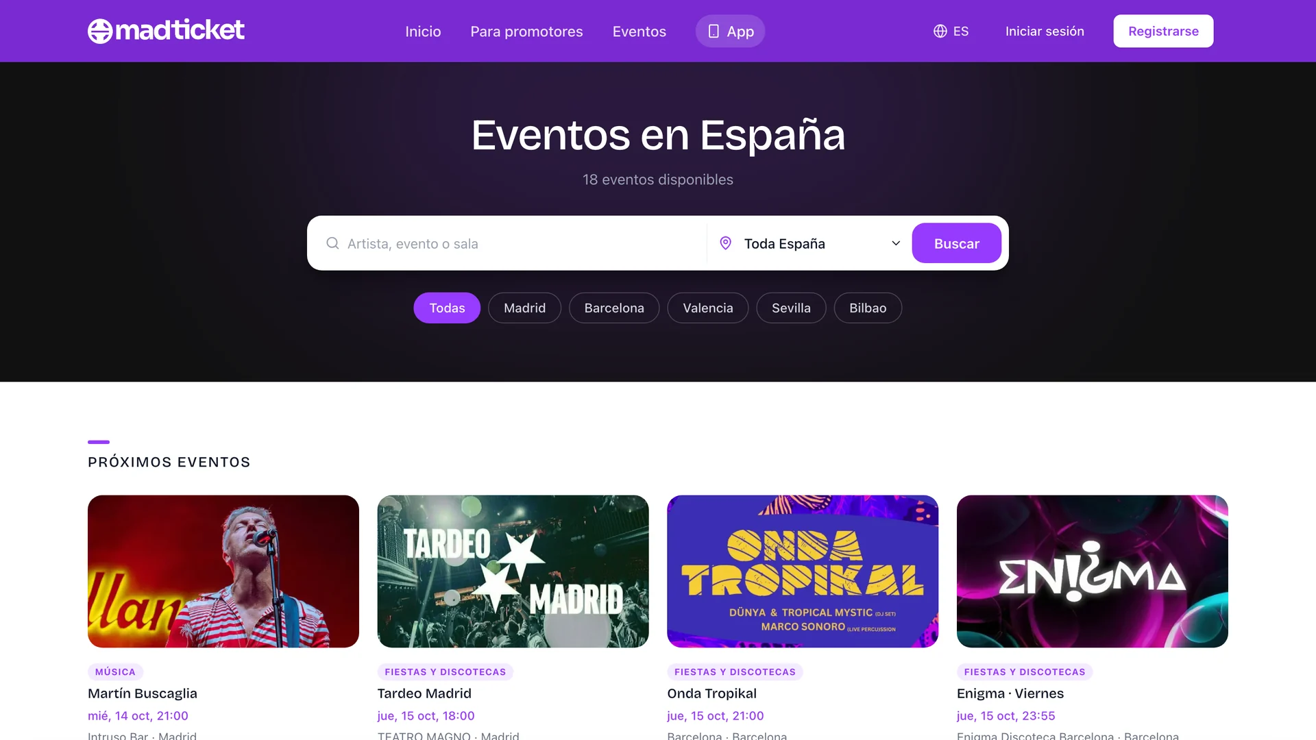 MadTicket events page: upcoming events across Spain with city filters