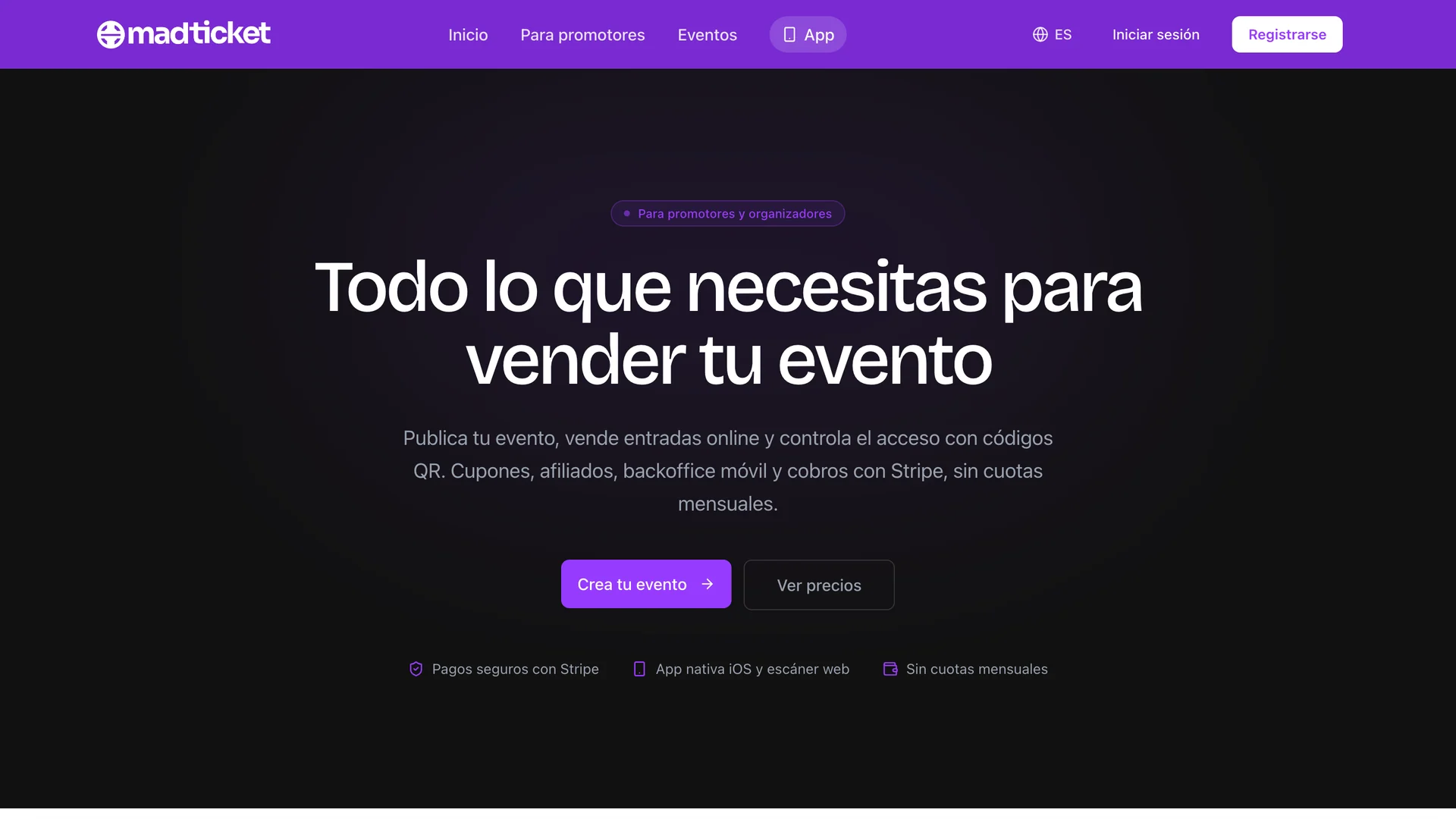 MadTicket page for promoters: publish an event, sell tickets online and control access with QR codes