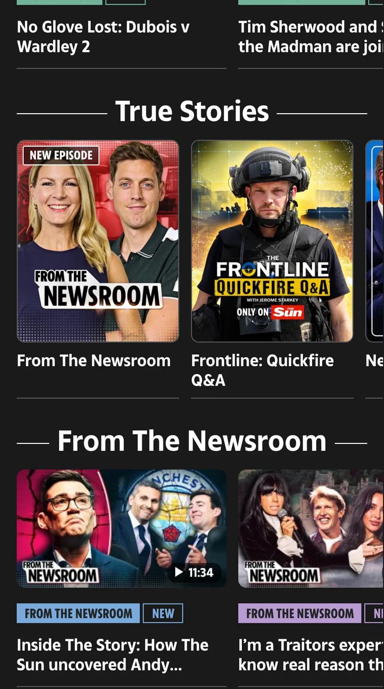 Sun Video series rails: True Stories and From The Newsroom, with episode cards and durations